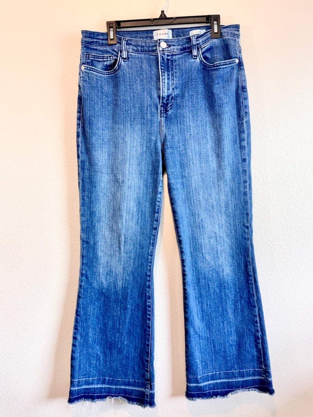 FRAME Le Easy Flare Jeans High Rise Full Length Raw Hem Y2K Boho Size 32 C02 - Picture 2 of 11